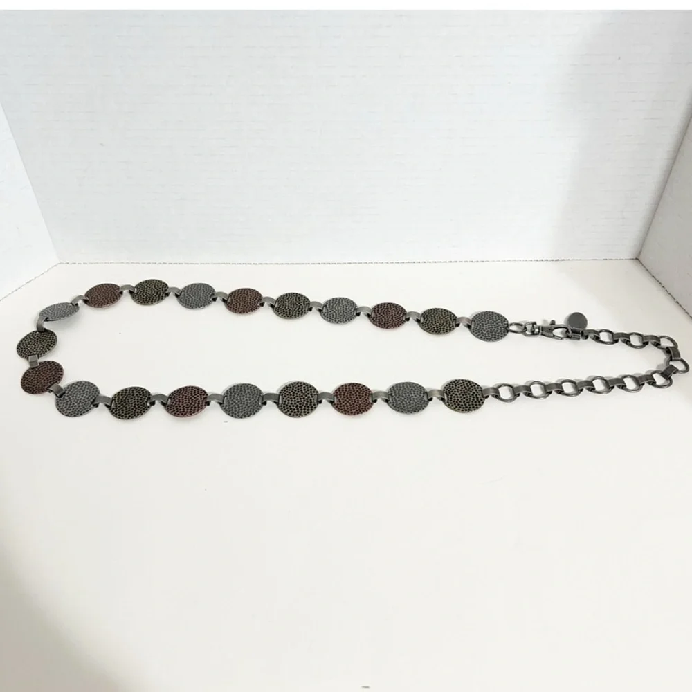 Vintage Hammered Metal Disc Chain Belt Adjustable Length Bronze Gold Silver Tone